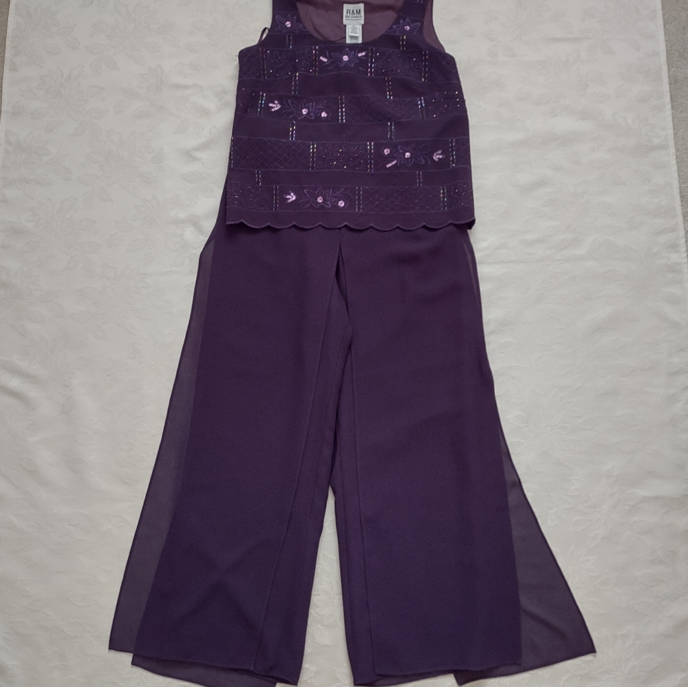 2 piece purple eggplant palazzo overlay pants wide leg + lined top embroidered